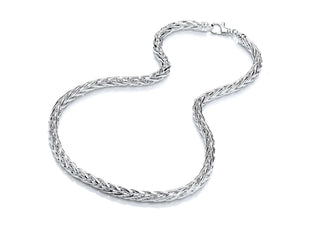 A silver-colored chain necklace with linked circular links, displayed against a white background.