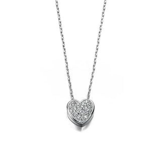 Heart-shaped pendant necklace with diamonds on a white background
