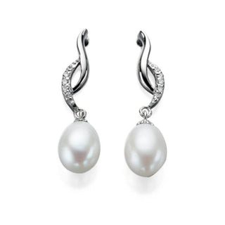 A pair of pearl and cubic zirconia twist drop earrings with a rhodium plated sterling silver setting.