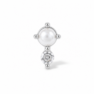A silver stud earring featuring a round white pearl and a dangling round clear gemstone, set in polished silver on a white background.