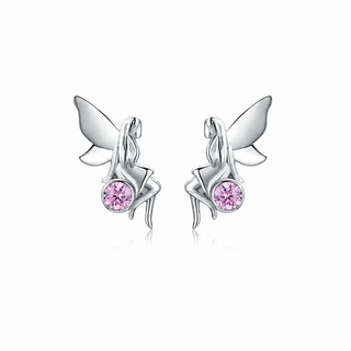 A pair of silver fairy stud earrings with delicate wings and a round pink gemstone at the bottom, displayed on a clean white background.