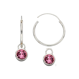 Silver Pink Crystal Charm Hoops