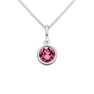 Silver necklace with a pink gemstone pendant on a white background