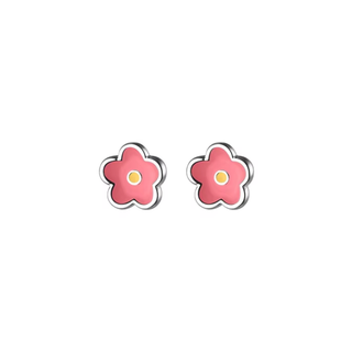 Pair of pink flower-shaped earrings on a white background