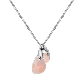 A silver necklace featuring a rose cut pink opal gemstone with a rhodium plating finish.