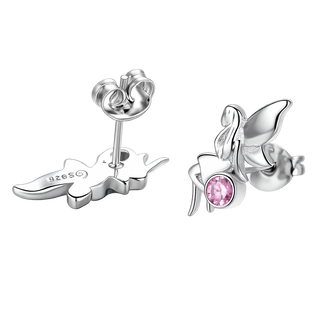A pair of sterling silver butterfly stud earrings, one shown from the back with a butterfly-shaped setting and the other from the side featuring a round pink gemstone in a bezel setting.