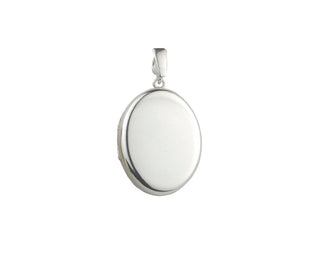 A polished silver oval locket pendant with a smooth, reflective surface and a bail at the top, shown on a plain white background.