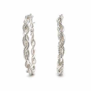 Pair of silver hoop earrings on a white background
