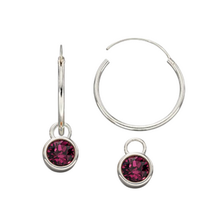 Silver Purple Crystal Charm Hoop Earrings