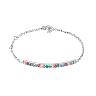 A Rainbow Sparkle Bracelet with multicolored cubic zirconia stones on a silver chain.