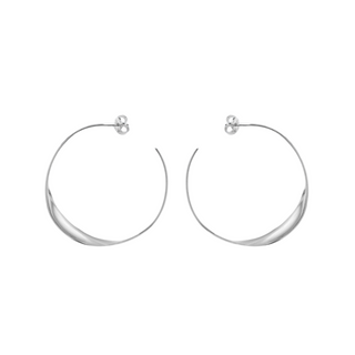 Rhodium-plated silver 36mm twist hoop earrings featuring a unique spiral design with a butterfly and post