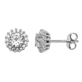 A pair of silver stud earrings with halo designs, featuring a central round clear gemstone surrounded by smaller accent stones, shown from both front and side angles on a white background.