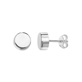 A pair of silver flat button stud earrings with a rhodium finish.