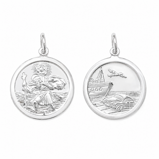 Two round sterling silver medallion charms shown side by side on a plain white background. The left charm depicts Saint Christopher, and the right charm shows a coastal scene with a boat, car, and airplane.