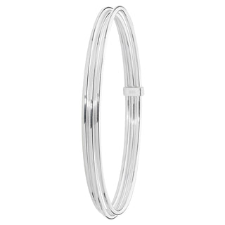 A polished silver-toned triple-band bangle bracelet shown on a clean white background.