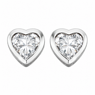 A pair of heart-shaped stud earrings with clear heart-cut gemstones in polished silver settings, shown on a plain white background.