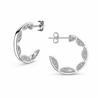 Silver hoop earrings with diamond accents on a white background