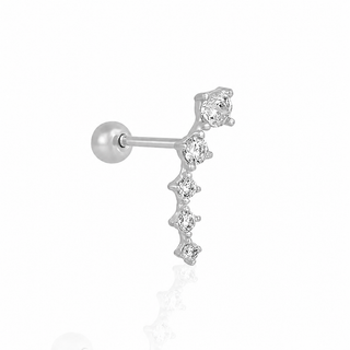 A silver-toned labret stud earring featuring a vertical dangle design with five clear round-cut cubic zirconia stones in prong settings, shown on a white background with a soft reflection.