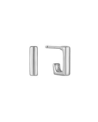 A pair of silver geometric hoop earrings on a light gray background. One earring is shown from the front as a polished vertical bar, and the other is shown from the side to reveal a small inset on the inner curve.