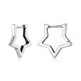 A pair of star-shaped silver hoop earrings against a white background.