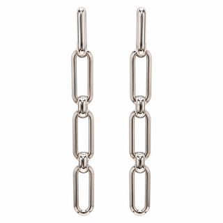 A pair of silver-toned drop earrings with elongated rectangular chain links, shown against a plain white background.