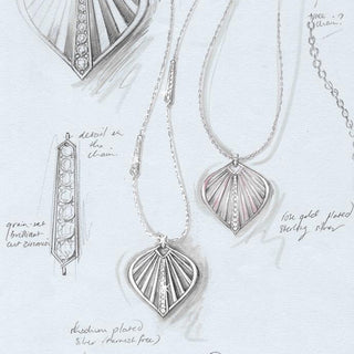Design sketches of silver necklaces with detailed pendants on a light blue background, featuring the brand 'VIXI'.