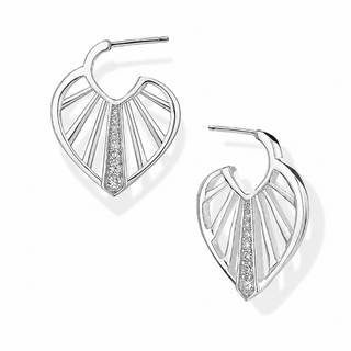 Pair of silver earrings with fan-like design on a white background