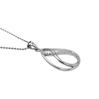 Silver necklace with a teardrop-shaped pendant on a white background
