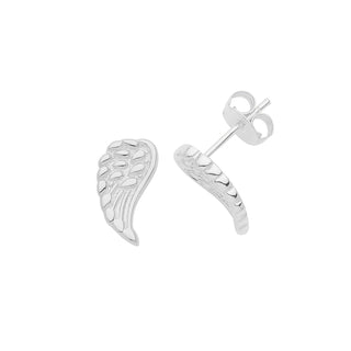 A pair of silver angel wings stud earrings with a rhodium finish.