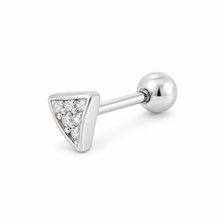 A silver-toned triangular labret stud earring with a pavé-set clear crystal triangle front and a polished ball back, shown on a clean white background.