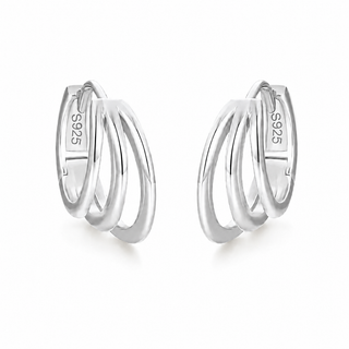 A pair of polished sterling silver huggie hoop earrings with three interlocking curved bands, featuring 'S925' purity stamps on the inner side, set against a clean white background.