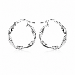 A pair of polished silver hoop earrings with a twisted, wavy design, displayed on a clean white background.
