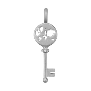 Silver key-shaped pendant with a map design on a white background