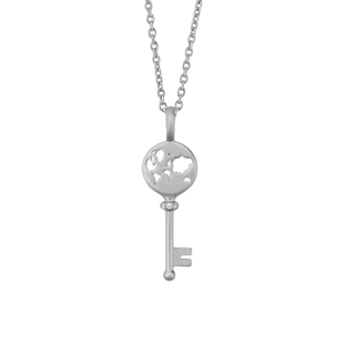 Silver key-shaped pendant on a chain against a white background