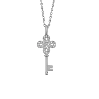 Silver key-shaped pendant necklace on a white background