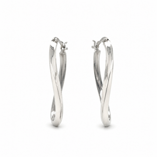 Pair of silver hoop earrings on a white background