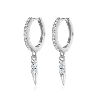 A pair of silver hoop earrings with a spike design and clear cubic zirconia embellishments.
