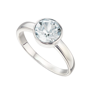 Silver ring with a clear gemstone on a white background