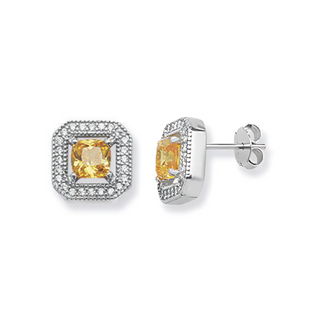 Silver Yellow CZ Halo Stud Earrings