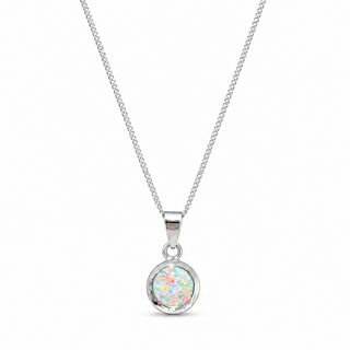 Silver necklace with a round opal pendant on a white background