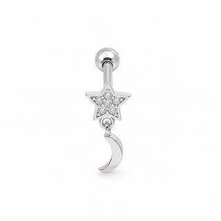 A silver cartilage earring featuring a star-shaped charm paved with clear crystals and a dangling crescent moon charm, shown on a plain white background.
