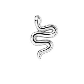 A polished silver snake-shaped stud earring with a smooth, reflective finish, centered on a light gray background.