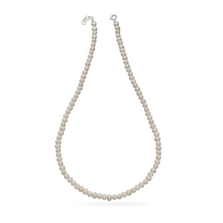 A single row of white freshwater pearl necklace with a silver clasp.