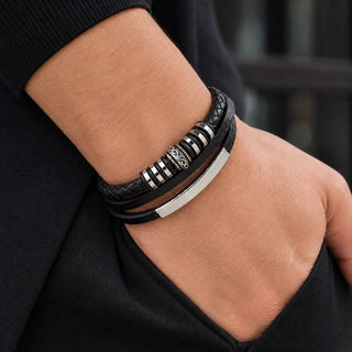 Black Rhodium Stainless Steel Viking Bar and Leather Multi-Strand Bracelet