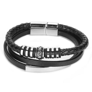 Black multi-strand leather bracelet with silver-tone metal accents, including a braided band, striped spacer beads, and a polished rectangular plate, shown on a white background.