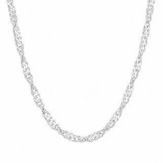 A silver-toned twisted rope chain necklace shown against a plain white background.