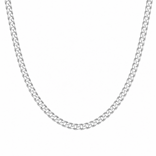 A silver-toned metal chain necklace with a curb link pattern, shown against a plain white background.