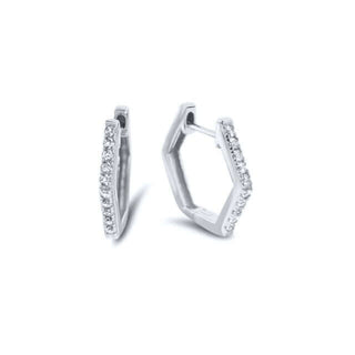 A pair of silver-colored hexagon-shaped earrings adorned with cubic zirconia stones.