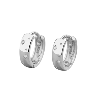 Pair of silver hoop earrings with embedded diamonds on a white background