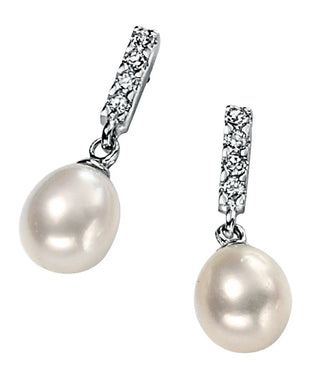 Pair of pearl earrings with silver and crystal accents on a white background